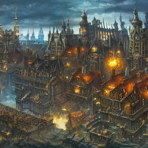 Authentic illustration of a city in Warhammer Fantasy, Magnificent super wide angle, high quality, 8k, high resolution, city landscape, side scrolling, Rule of Thirds, 4K, no text, no logo