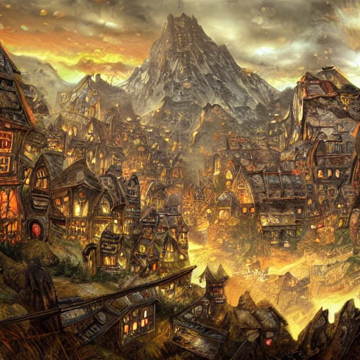 Authentic illustration of a dwarf city in mountain in Warhammer Fantasy, Magnificent super wide angle, high quality, 8k, high resolution, city landscape, side scrolling, Rule of Thirds, no text, no logo