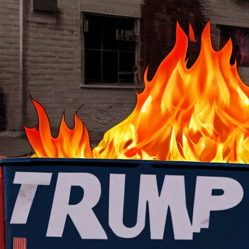 (Donald trump with his hair on fire) in a dumpster on the [side of the street], Depth of field 100mm, HDR effect, Rule of thirds