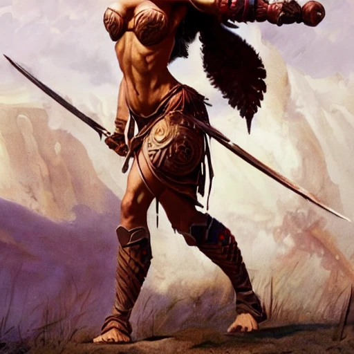 A gorgeous warrior woman with perfect face and perfect eyes, perfect body, perfect legs, perfect feet, perfect composition, in the art style of Frank Frazetta , cinematic shot, octane render, shot on IMAX 70mm, high contrast, HDR, hyperdetalization, extremely realistic, accurate proportions, high-resolution DSLR photograph --ar 3:4 --testp --stylize 1250 --upbeta