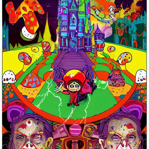 !draw (((acid trip))), (gone wrong), (((mario navarro))) ((colorful)), (bright) ((colored digital line art)), ((splatter drippings)), psydelic,  mushrooms, bizarre, Disney castle (((ghost rider)) , horror, strange, ((alice in wonderland)), Gothic, morbid, vascular, trippy, burlesque, ((krampus)) nightmare fuel, sharp focus, (sharp lines), count:9, iters:9, ar:8:10, ### fuzzy, blurry, grainy, shading, black and white, grainy, 