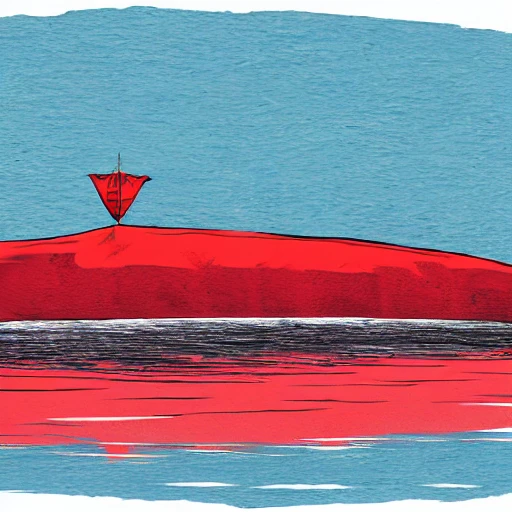 barge illustration, floating in sea, red sail on top