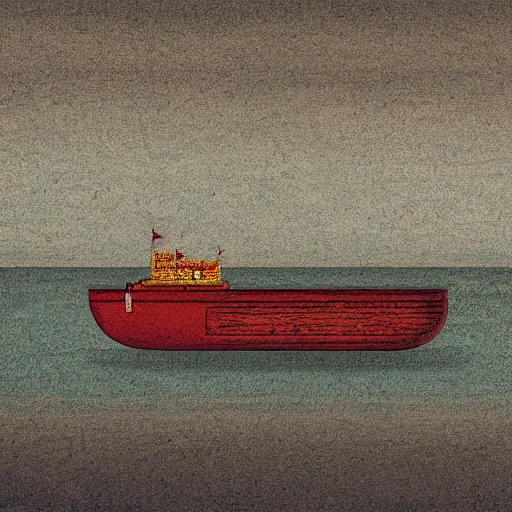 barge illustration, floating in sea, red sail on top