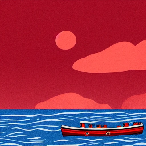 barge illustration, floating in sea, red sail on top, 4k, 16:9