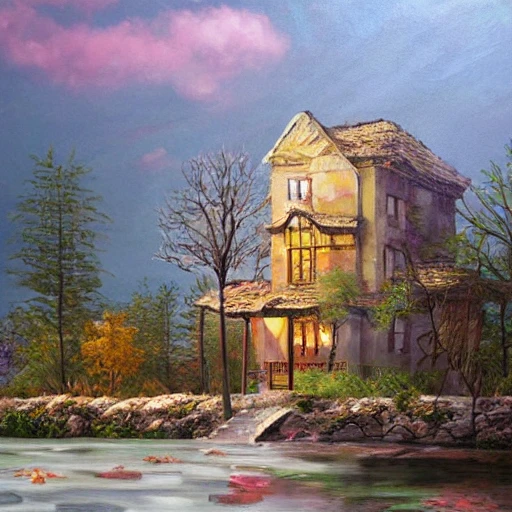 a building in a serene landscape, fantasy art , Oil Painting, 3D