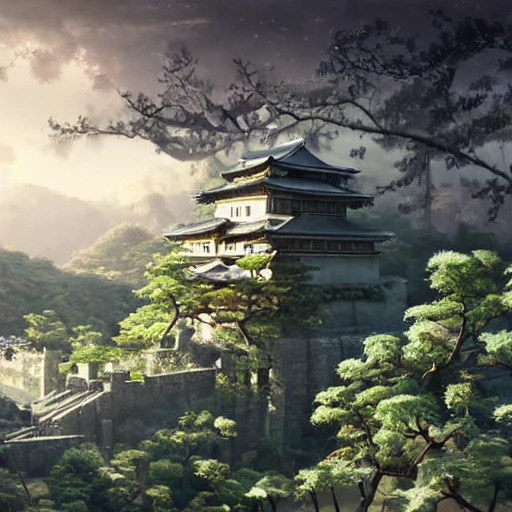 Brutalist futuristic Japanese castle, valley of  Eden at Dawn, amazing cinematic concept painting,  by Jessica Rossier , Gleaming White, overlooking a valley, Himeji Rivendell  Garden of Eden, wildflowers and grasses, terraced orchards and ponds, lush fertile fecund, fruit trees, birds in flight, animals wildlife