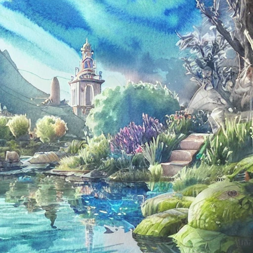 Beautiful happy picturesque charming sci-fi town in harmony with nature. Beautiful light. Water and plants. Nice colour scheme, soft warm colour. Beautiful detailed watercolor by Lurid. (2022), Pencil Sketch, , Water Color