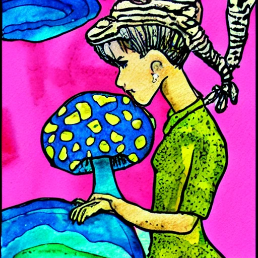 girl on mushroom , Trippy, Cartoon, Water Color