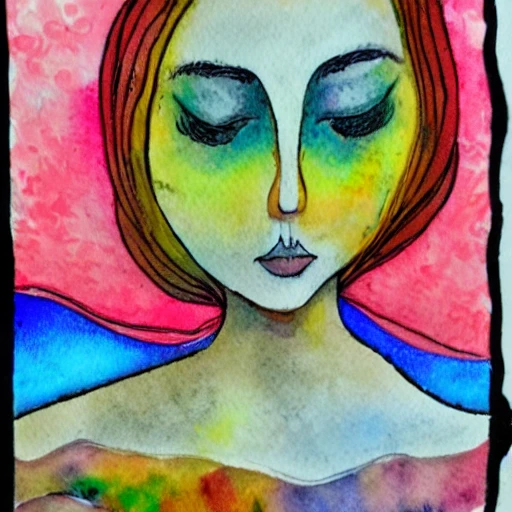 girl on mushroom , Trippy,, Water Color