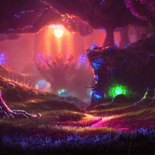 concept art painting of a fantasy alien fungal landscape at night, with glowing blue lights, glowing blue mushrooms, dark purple sky, realistic, detailed, cel shaded, in the style of makoto shinkai and greg rutkowski and albert bierstadt and james gurney 