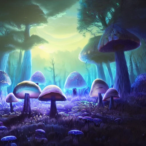 concept art painting of a fantasy magic mushroom landscape at night, with glowing blue lights, glowing blue mushrooms, dark purple sky, realistic, detailed, cel shaded, in the style of makoto shinkai and greg rutkowski and albert bierstadt and james gurney 