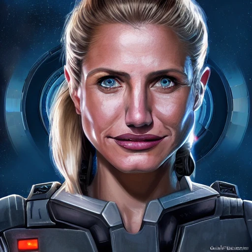 Full portrait of a woman by Greg Rutkowsky, a jedi commander, Cameron Diaz, a big smile, wearing the tactical gear of the galactic alliance, star wars expanded universe, she is about 25 years old, highly detailed portrait, digital painting, artstation, concept art, smooth, sharp foccus ilustration, artstation hq