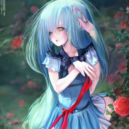 NSFW, Prhololive, uruha_rushia, 1girl, bangs, bare shoulders, red eyes, blue dress, blue green hair, blue sleeves, blush, bow, breasts, chick, collarbone, detached
collar, detached sleeves, double bun, eyebrows visible through hair, frills, hair orhament, medium hair, off-shoulder dress