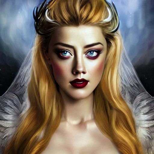 Beautiful Amber Heard as an angel/demon, upper body, medium shot, masterpiece, trending on artstation, digital art, look at viewer, beautiful detailed face, perfect face, perfect eyes, perfect pupils, perfect iris, perfect lips, extremely detailed, 8K wallpaper, portrait, Happy, big tits, , by Bob Eggleton, by Aubrey Beardsley, scene by Marta Bevacqua and Guy Aroch, Peter Coulso