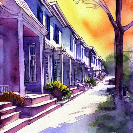 street lined with old residential houses summer watercolor by arti chauhan trending on artstation 