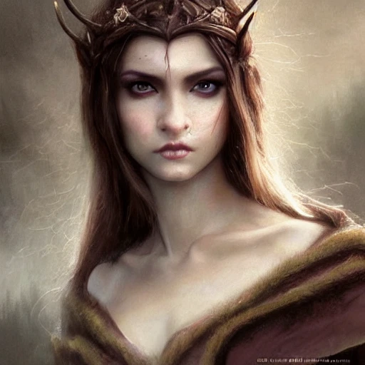 1girl, female noble born half-elf druid, Jaheira, brown hair, look at viewer, beautiful detailed face, perfect eyes, perfect lips, extremely detailed, 8K wallpaper, portrait, extremely detailed oil painting by greg rutkowski and Luis Royo and Tom Bagshaw and Seb McKinnon, trending on artstation, in the style of Wizards of the coast, Oil Painting