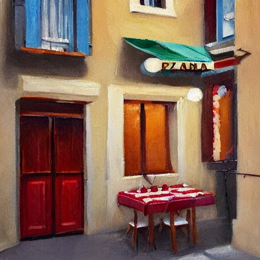 a traditional pizzeria in the street of a small village on the riviera. , Oil Painting, 3D