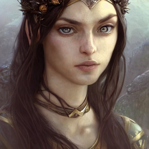 1girl, female noble born half-elf druid, Jaheira, brown hair, look at viewer, beautiful detailed face, perfect eyes, perfect lips, extremely detailed, 8K wallpaper, portrait, extremely detailed oil painting by greg rutkowski and Luis Royo and Tom Bagshaw and Seb McKinnon, trending on artstation, in the style of Wizards of the coast