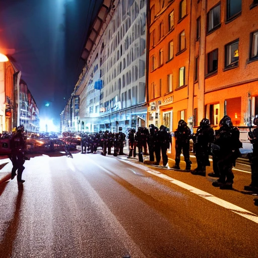 A photo of a german police blockade in a street in hamburg at night. Hyperdetailed, 4k resolution