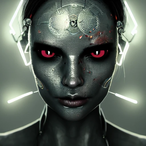 A close portrait of a beautiful intimidating girl, with half human and half cyborg face, one glowing eye, symmetrical eyes, intricate insane details, steel bones hyper realistic, mist, photorealistic, octane render, unreal engine, hyper detailed, volumetric lighting, hdr, octane render, 4k, 8k,