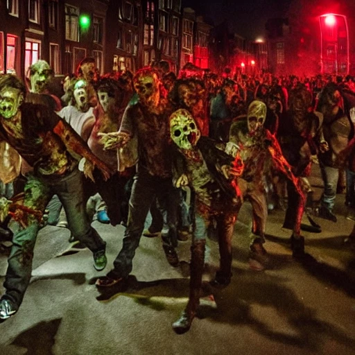 A photo of a zombie invasion in amsterdam at night. Hyperdetailed, 4k resolution