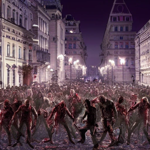 A photo of a zombie invasion in vienna at night. Hyperdetailed, 4k resolution