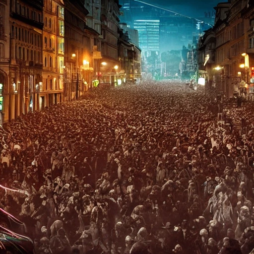 A photo of a zombie invasion in vienna at night. Hyperdetailed, 4k resolution Ultrasharp
