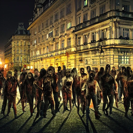 A photo of a zombie invasion in vienna at night. Hyperdetailed, 4k resolution Ultrasharp
