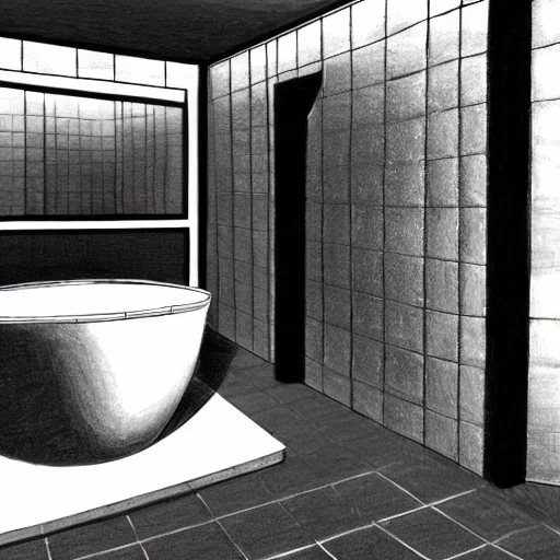 drawing of concept bathroom looking in front of sink by Japanese engineers, blade runner style, 3d, photorealism