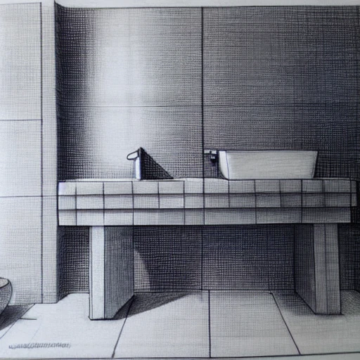 drawing of concept bathroom furniture table with sink on it designed by Swedish engineers, blade runner style, 3d, photorealism