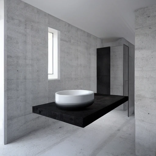 a bathroom concept with Table in concrete look and on which stands a black square sink and is intended for 2 people, 4d, photorealism