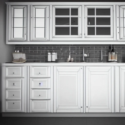 a sink wich stands on that looks like vintage style Ikea kitchen cabinet in  white color, 4d, photorealism