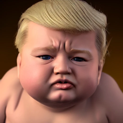 ultra realistic photography portrait of a combination of Donald Trump and an cute chubby baby, chubby cheeks, 8k looking into camera, Digital Art, Concept Art, Close-up, HD, Beautiful Lighting, Sad, Octane Render
