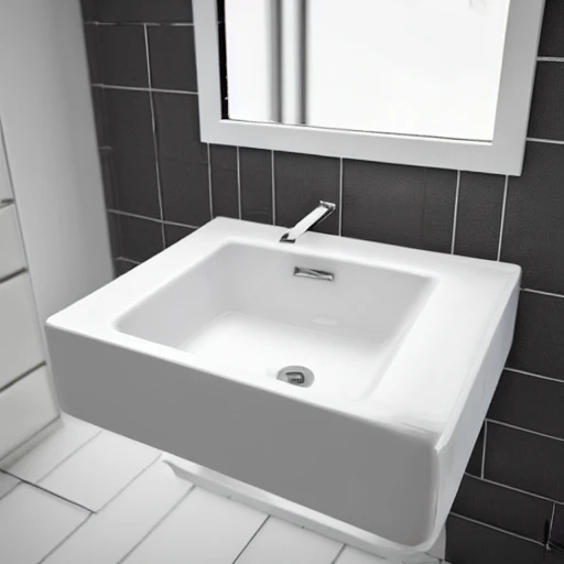 bathroom design concept of a square sink that's mounted on Kitchen countertop on a vintage style Ikea kitchen cabinet in  white color, 4d, photorealism