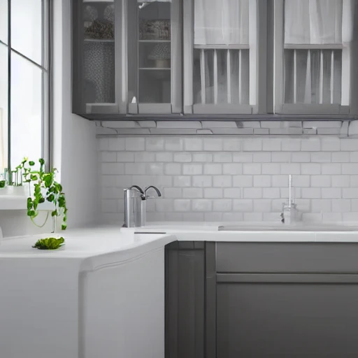 design concept of a square sink that's mounted on Kitchen countertop of a white vintage style Ikea kitchen cabinet , 4d, photorealism