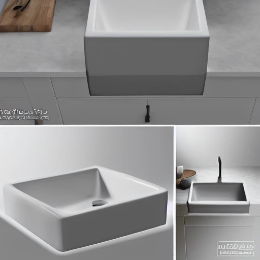 design concept of a square sink that's mounted on Kitchen worktop of a white vintage style Ikea kitchen cabinet , 4d, photorealism