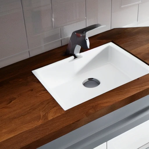 design concept of a square sink that's mounted on wooden Kitchen worktop of a white vintage style Ikea kitchen cabinet , 4d, photorealism