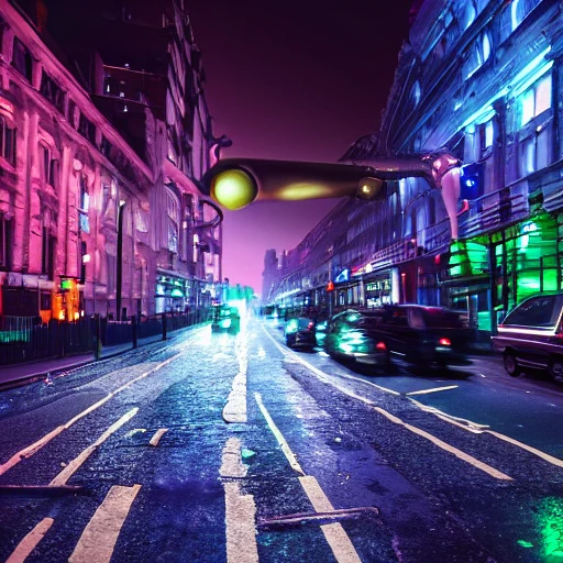 A photo of an alien invasion in the streets of london at night. Hyper detailed, 4k resolution, ultrasharp

