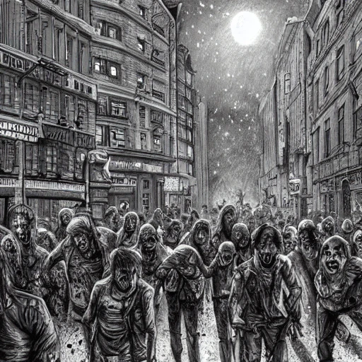 A photo of a zombie invasion in the streets of london at night. Hyper detailed, 4k resolution, ultrasharp
, Pencil Sketch