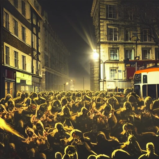 A photo of a zombie invasion in the streets of london at night. Hyper detailed, 4k resolution, ultrasharp, 3D