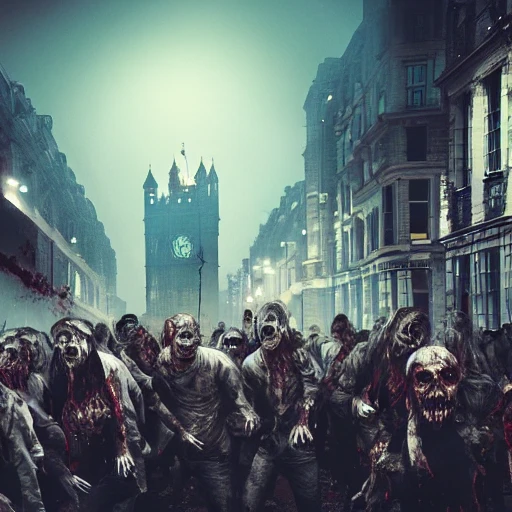 A photo of a zombie invasion in the streets of london at night. Hyper detailed, 4k resolution, ultrasharp, 3D, 16:9
