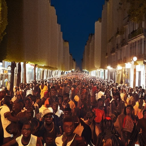 A photo of an invasion of african people in the streets of paris at night. Hyper detailed, 4k resolution, ultrasharp, 3D, 16:9
