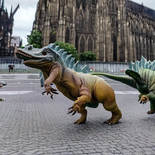 A PHOTO of dinosaurs running through the streets of cologne 