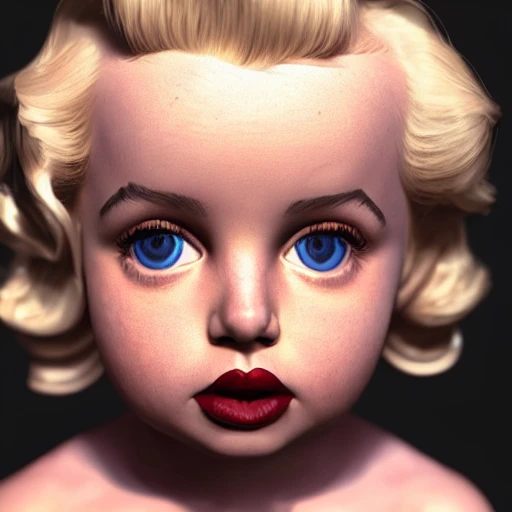 ultra realistic photography portrait of a combination of underage Marilyn Monroe  as a cute chubby baby, chubby cheeks, professional, 8k looking into camera, Digital Art, Concept Art, Close-up, HD, Beautiful Lighting, Sad, Octane Render
