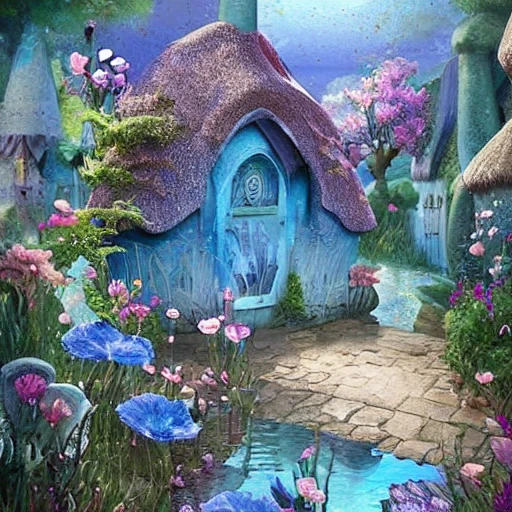 whimsical cottage with flowers with glitter blue, sitting on a bed of water, muted colors. intricate extremely detailed hyperdetailed Diego Gisbert Llorens fantasy, Cartoon