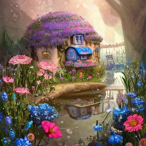 whimsical cottage with flowers with glitter blue, sitting on a bed of water, muted colors. intricate extremely detailed hyperdetailed Diego Gisbert Llorens fantasy, Cartoon