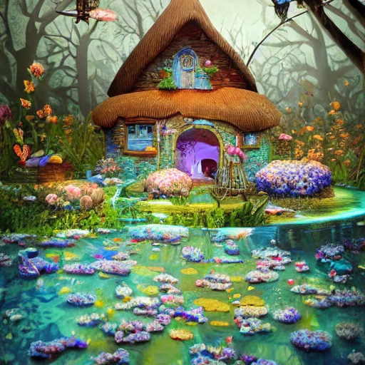 whimsical cottage with flowers with glitter blue, sitting on a bed of water, muted colors. intricate extremely detailed hyperdetailed Diego Gisbert Llorens fantasy, Cartoon, Trippy