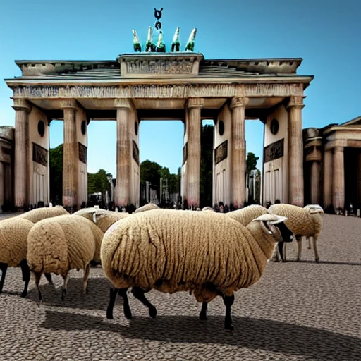 A photo of sheep passing the brandenburg gate, 3D