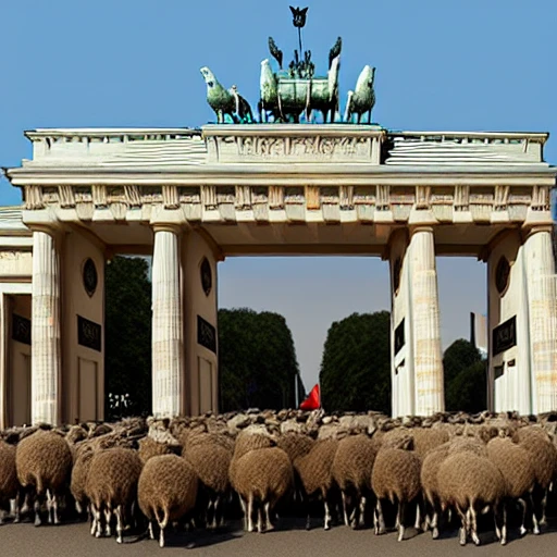 A photo of lots of sheep coming through the brandenburg gate, 3D