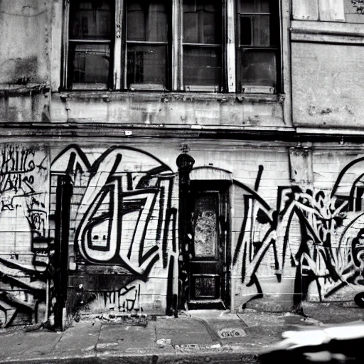 black and white, photo, in old montreal 1960's, graffiti, old building, very fine detail, 8k